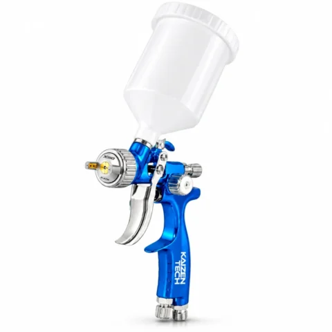 Mini Pistola KaizenTech X150 HVLP azul com reservatório superior branco sobre fundo branco.